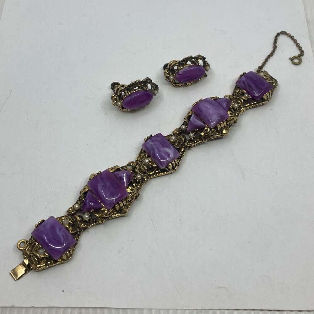 Vtg Elsa Schiaparelli ? '1950 lilac lucite gold plate bracelet earrings set